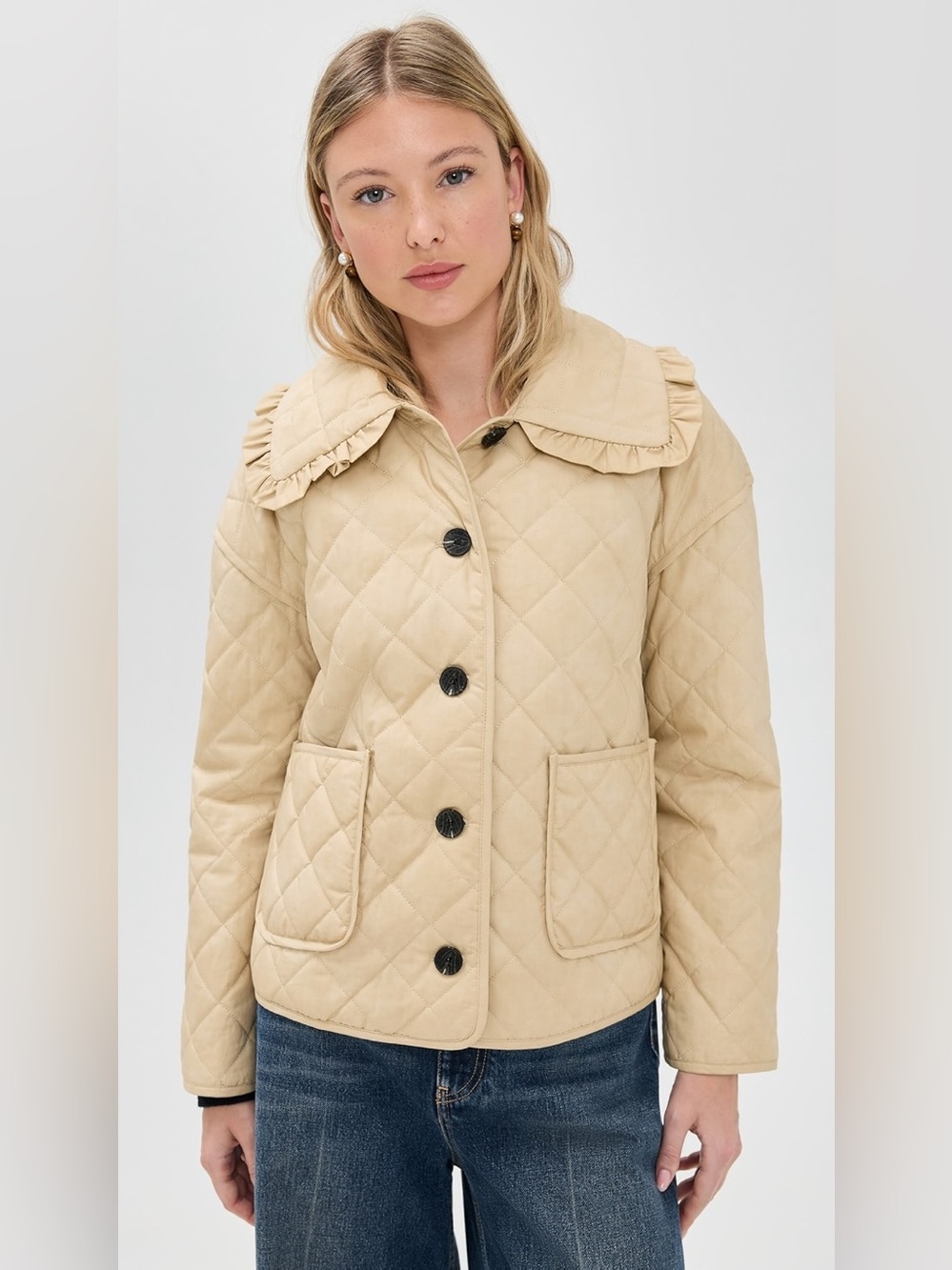 Avec Les Filles Ruffled Collar Quilted Jacket